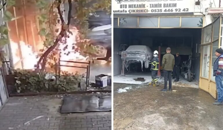 Oto tamirhanesinde dehşet anları! Az daha yanacaklardı
